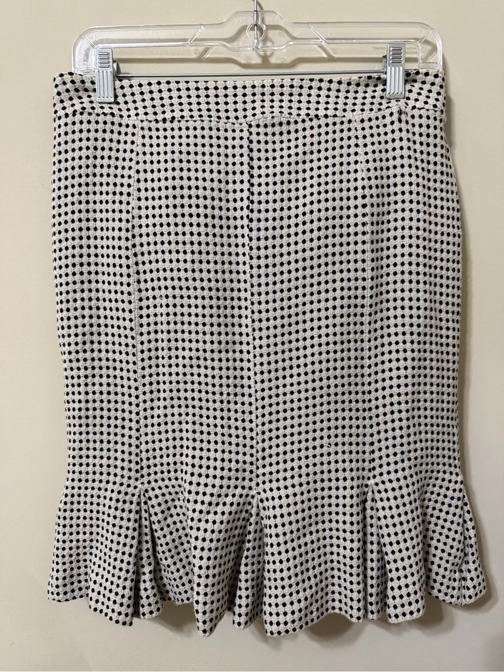 LOFT White and Black Polka Dot Pencil Skirt with Ruffle Hem